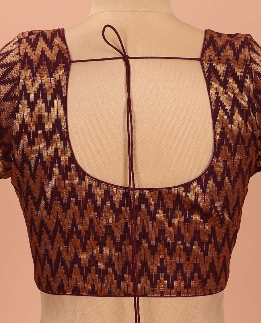 Brown Readymade Blouse Gleamed Up with Chevron Zari Stripes, Featuring a Front Round-Neck, Back Round-Neck, and Elbow Sleeves