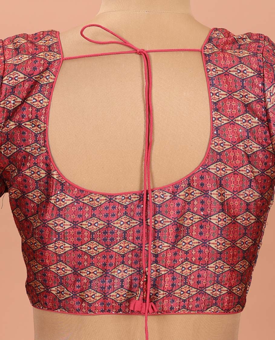 Pink Readymade Blouse Elevated with Diamond-Patterns Print, Featuring a Front Round-Neck, Back Round-Neck, and Elbow Sleeves
