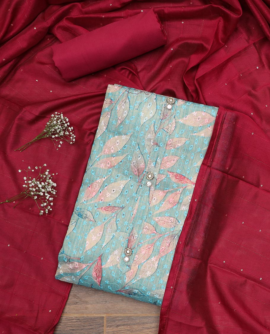 Baby blue material chudidar set, leaf motifs print with thread embroidered top, contrast plain bottom and sequins striped dupatta