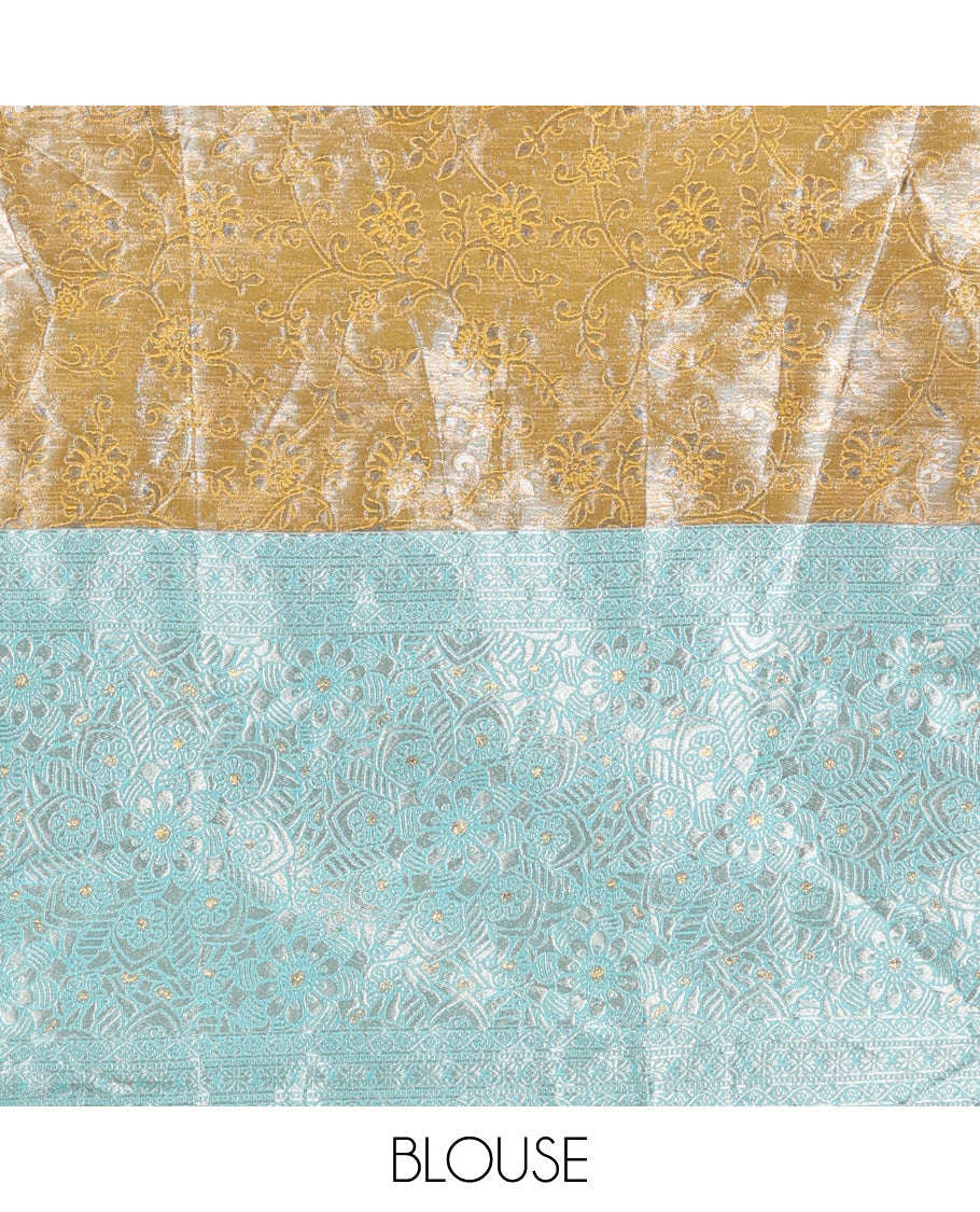 Mustard art silk half-saree, floral vine design with contrast traditional zari bordered skirt, contrast jacquard blouse, and scallop embroidered dhavani