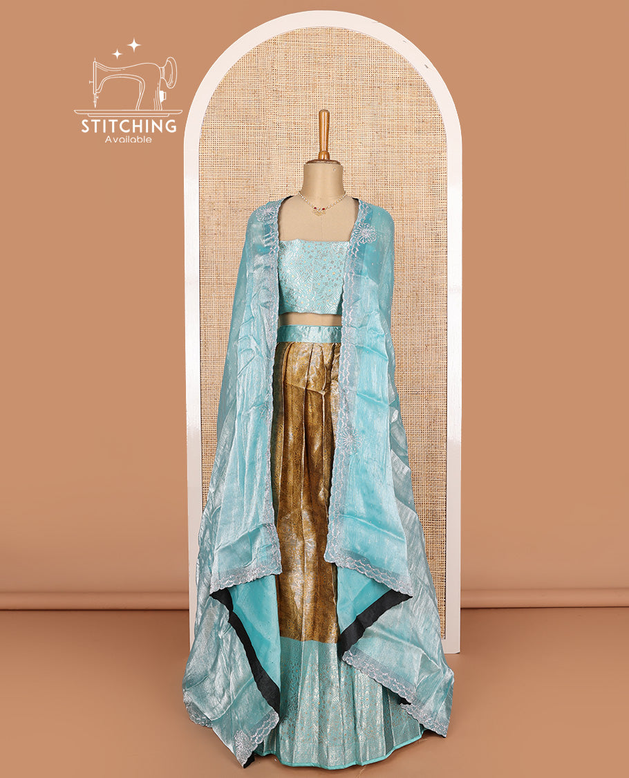 Mustard art silk half-saree, floral vine design with contrast traditional zari bordered skirt, contrast jacquard blouse, and scallop embroidered dhavani