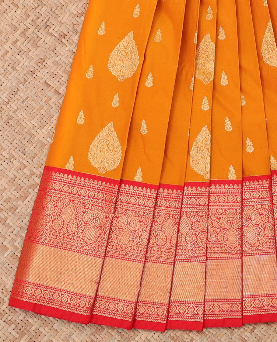 Orange Budget Silk Saree, Woven with Zari Buttas, a Contrast Traditional Zari Border, Grand Pallu, and a Contrast Blouse