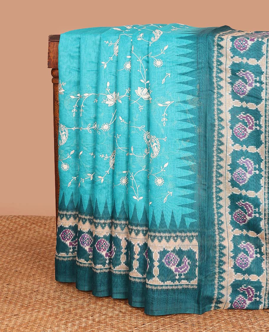 Blue paisley vine printed chanderi cotton saree, contrast temple border and pallu of ikkat peacock print