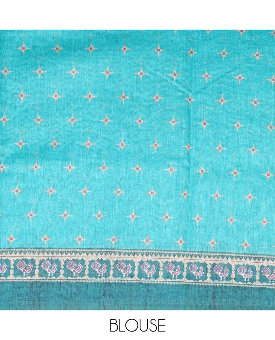 Blue paisley vine printed chanderi cotton saree, contrast temple border and pallu of ikkat peacock print