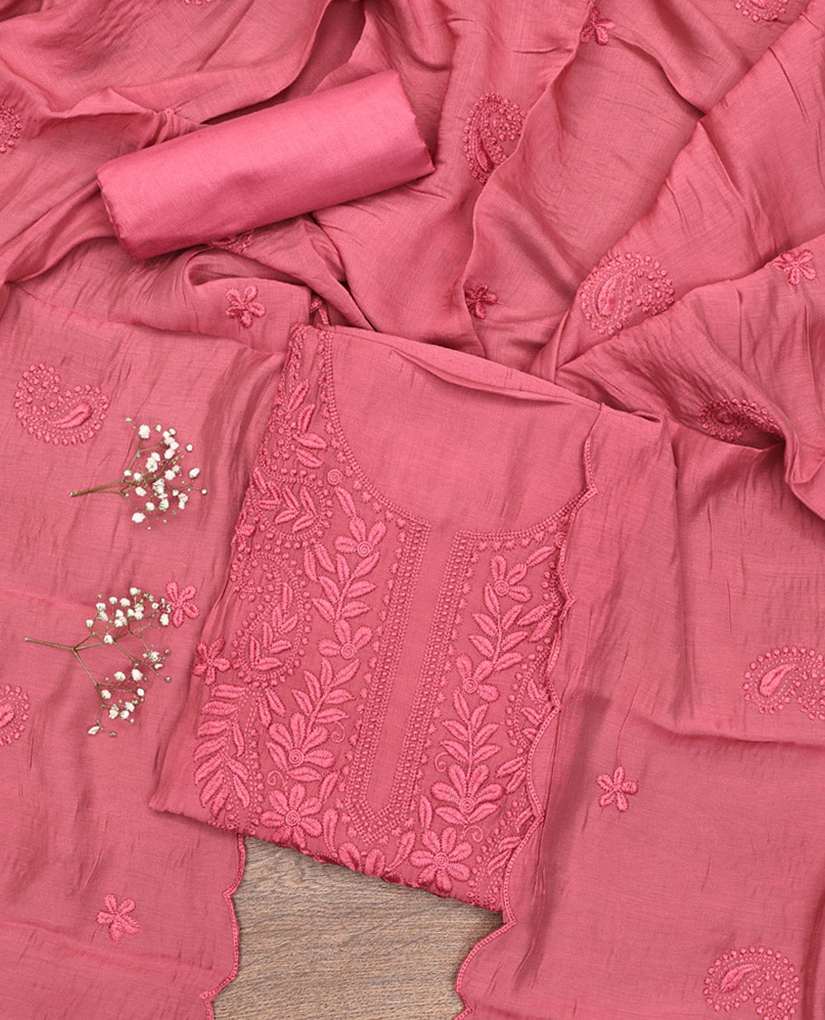 Pink Material Chudidar Set, Delicately Woven with Floral-Paisley Embroidered Muslin Top, a Plain Santoon Bottom, and Paired with Intricately Printed Muslin Dupatta