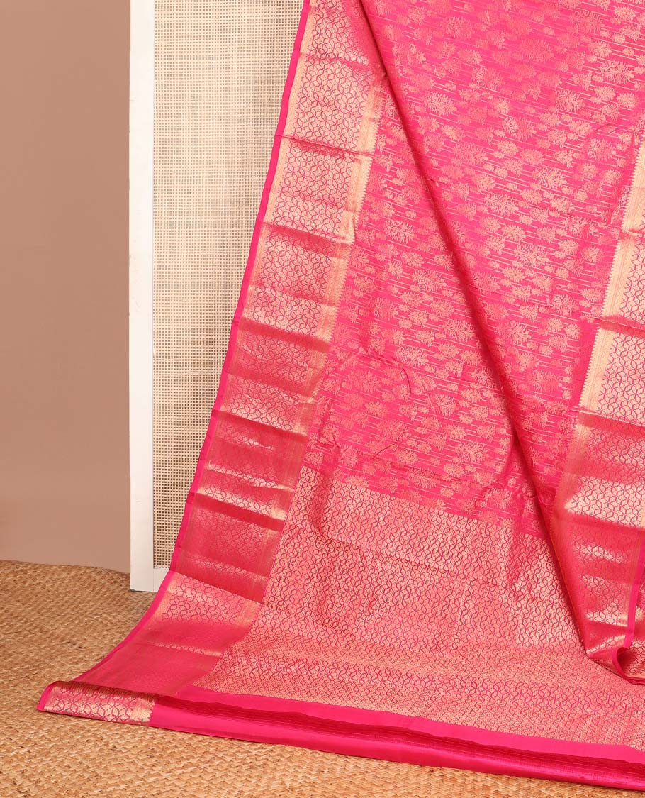 Pink zari buttas Vasundhara silk mix saree, zari border & pallu of geometric patterns