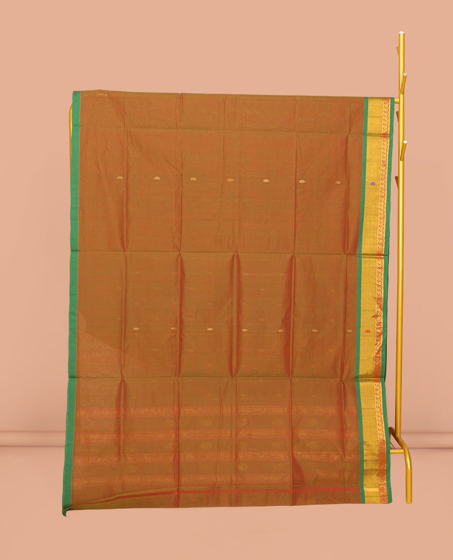 Brown Venkatagiri Cotton Saree, Detailed with Buttas, a Contrast Zari-Thread Border, Pallu of Buttas and Stripes, and No Blouse