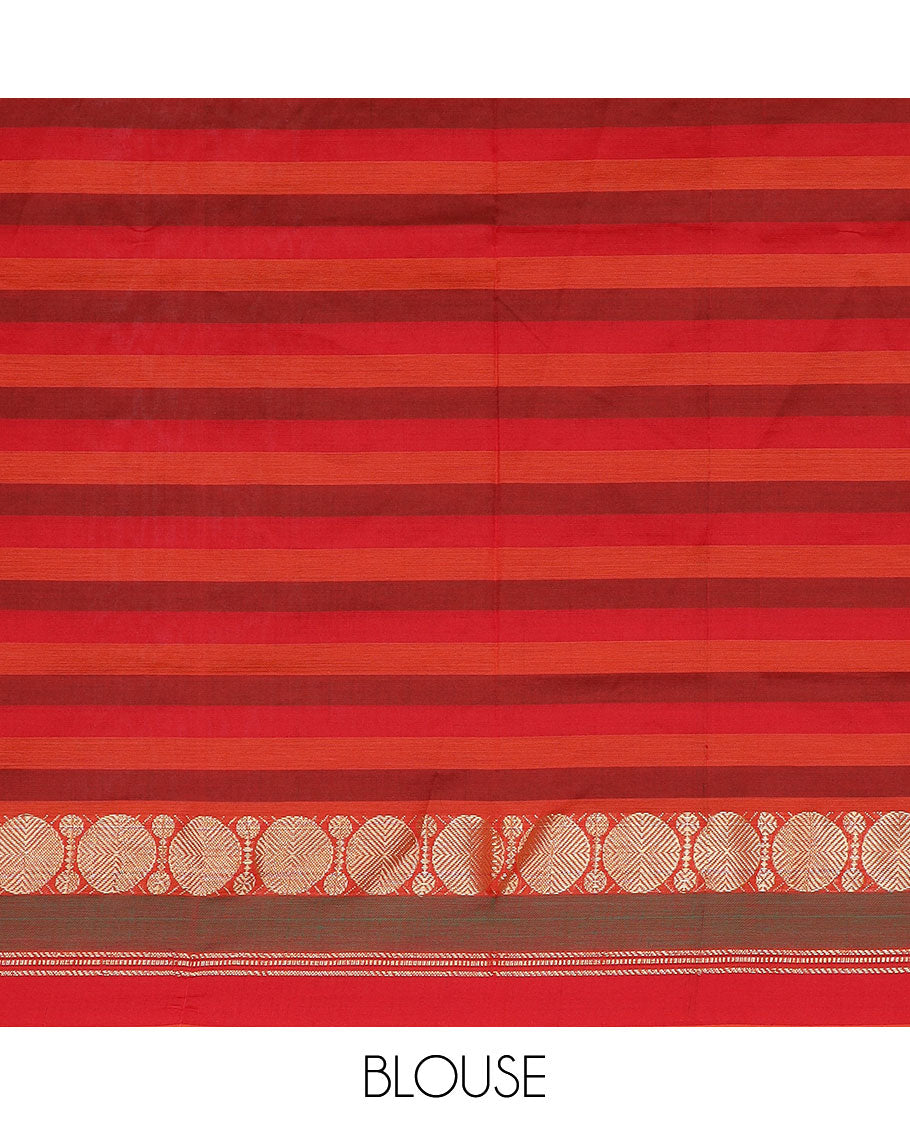 Multi-color checked design poly cotton saree, rudraksham zari border & striped pallu