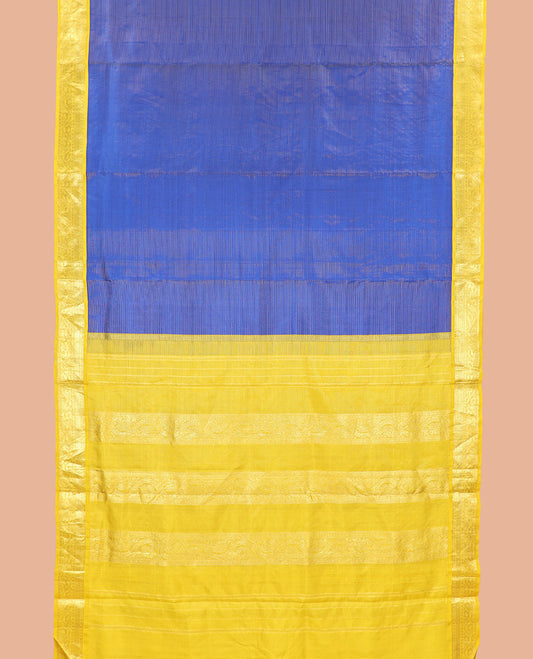 Blue zari striped nine-yard silk saree, contrast korvai border & pallu features rekku,muthu,rudraksham,vanki & kodi visiry designs