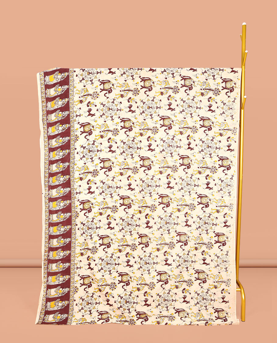 Cream Machine-Printed Kalamkari Cotton Saree, Artfully Printed with Warli-Motifs on Its Body, Complemented by a Contrast Human Motifs Printed Border, Pallu of Lord Radha Krishnan Print, and Paired with a Printed Blouse