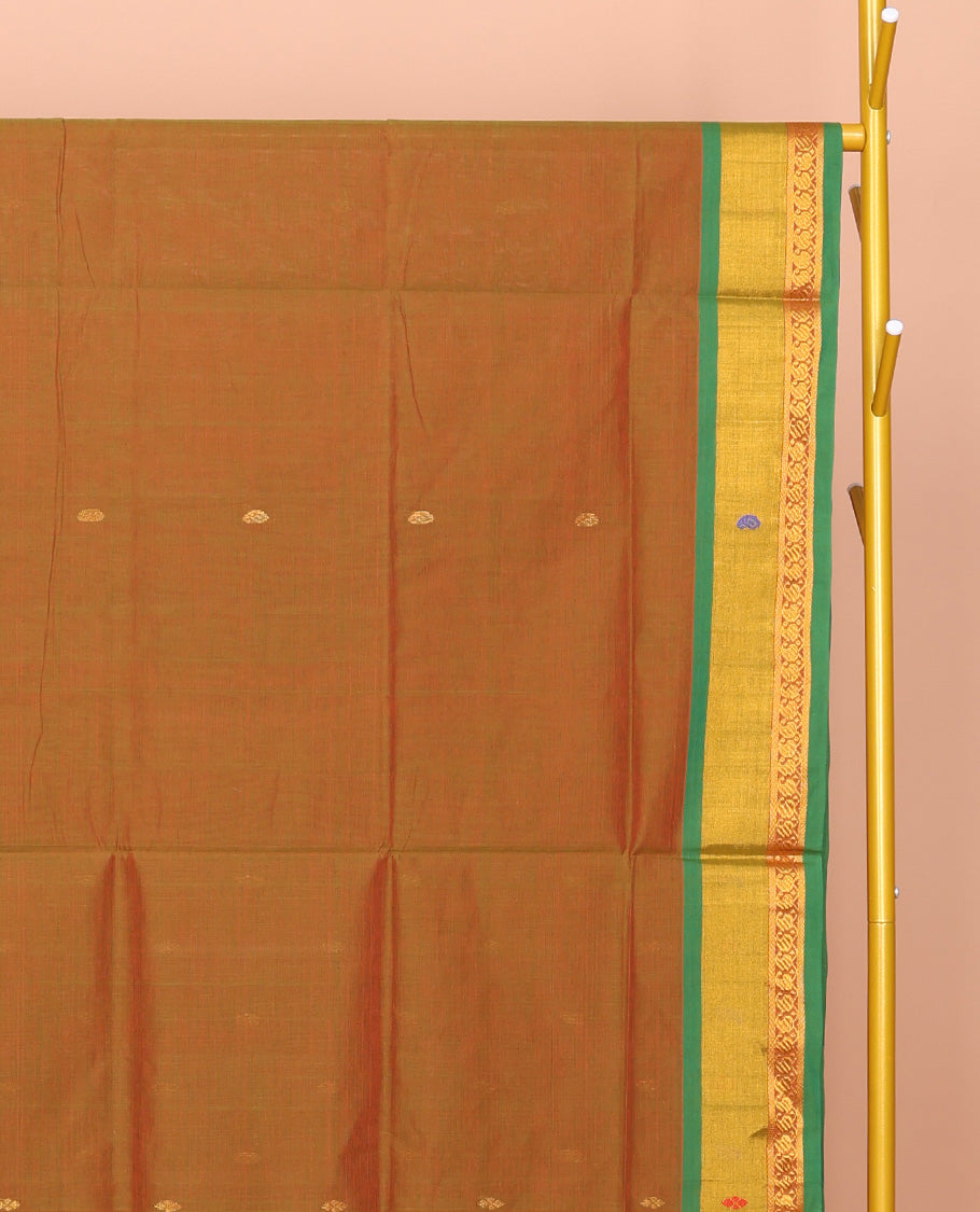 Brown Venkatagiri Cotton Saree, Detailed with Buttas, a Contrast Zari-Thread Border, Pallu of Buttas and Stripes, and No Blouse