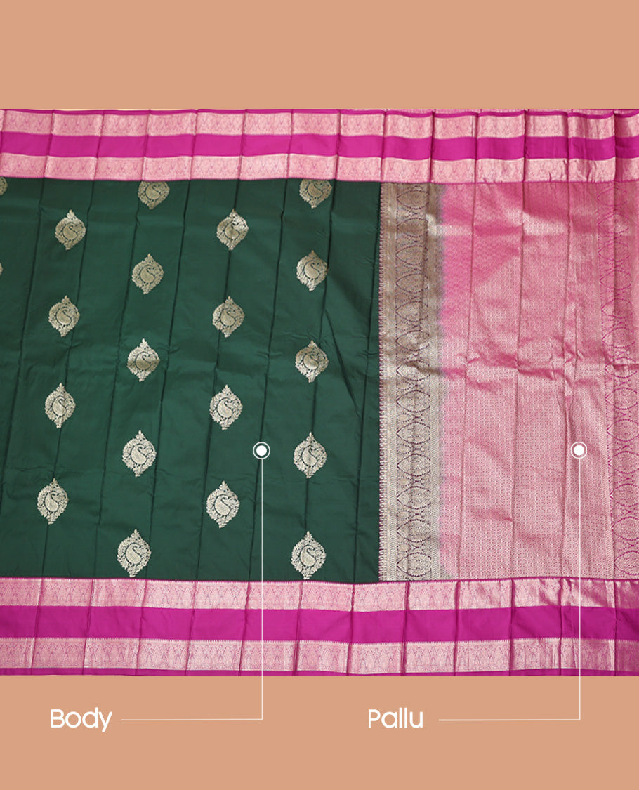 Green Budget Silk Saree, Bedecked with Zari Buttas, Captivating Contrast Traditional Zari Design Rettai Pettu Border, Grand Pallu, and Has a Contrast Blouse