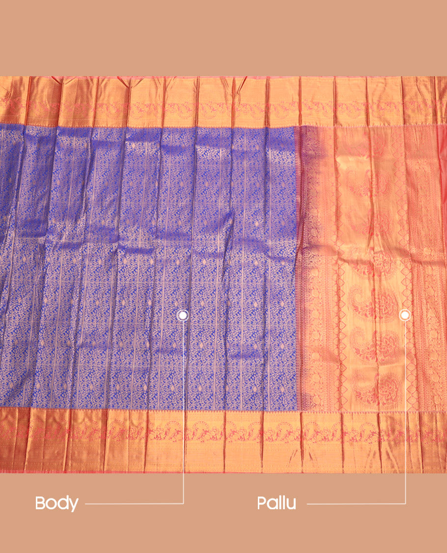 Violet Budget Silk Saree, Ornamented with Jacquard Design, Complemented by a Contrast Traditional Zari Border, Grand Pallu, and Contrast Blouse
