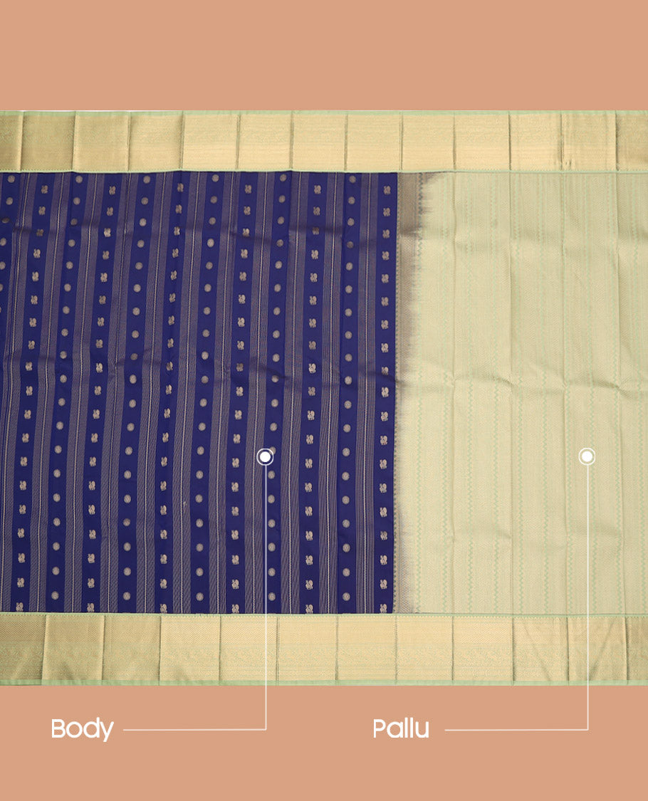 Blue Budget Silk Saree, Detailed with Peacock-Chakram Buttas and Stripes, Complemented by a Contrast Traditional Zari Border, Grand Pallu, and a Contrast Blouse