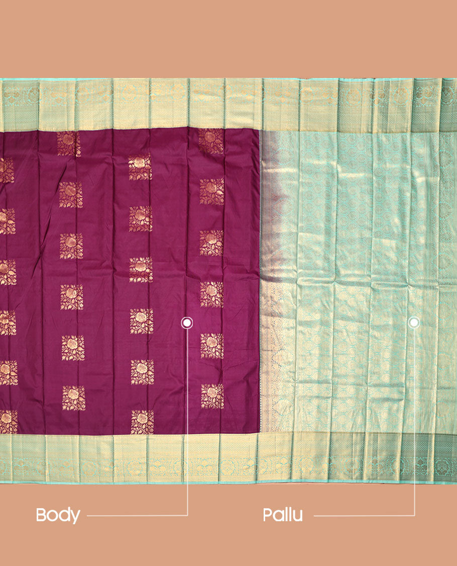 Wine Budget Silk Saree, Showcasing Zari Buttas, Complemented by Contrast Traditional Zari Border, a Grand Jaal Pallu and a Contrast Blouse