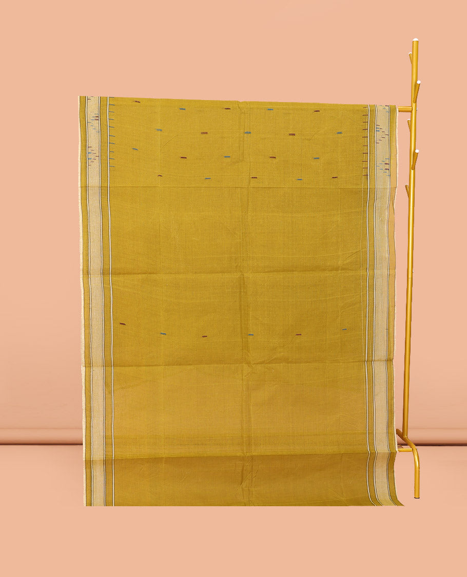 Green Bengal Cotton Saree, Adorned with Thread Buttas, a Subtle Border, Pallu of Stripes and Buttas, and a Matching Blouse