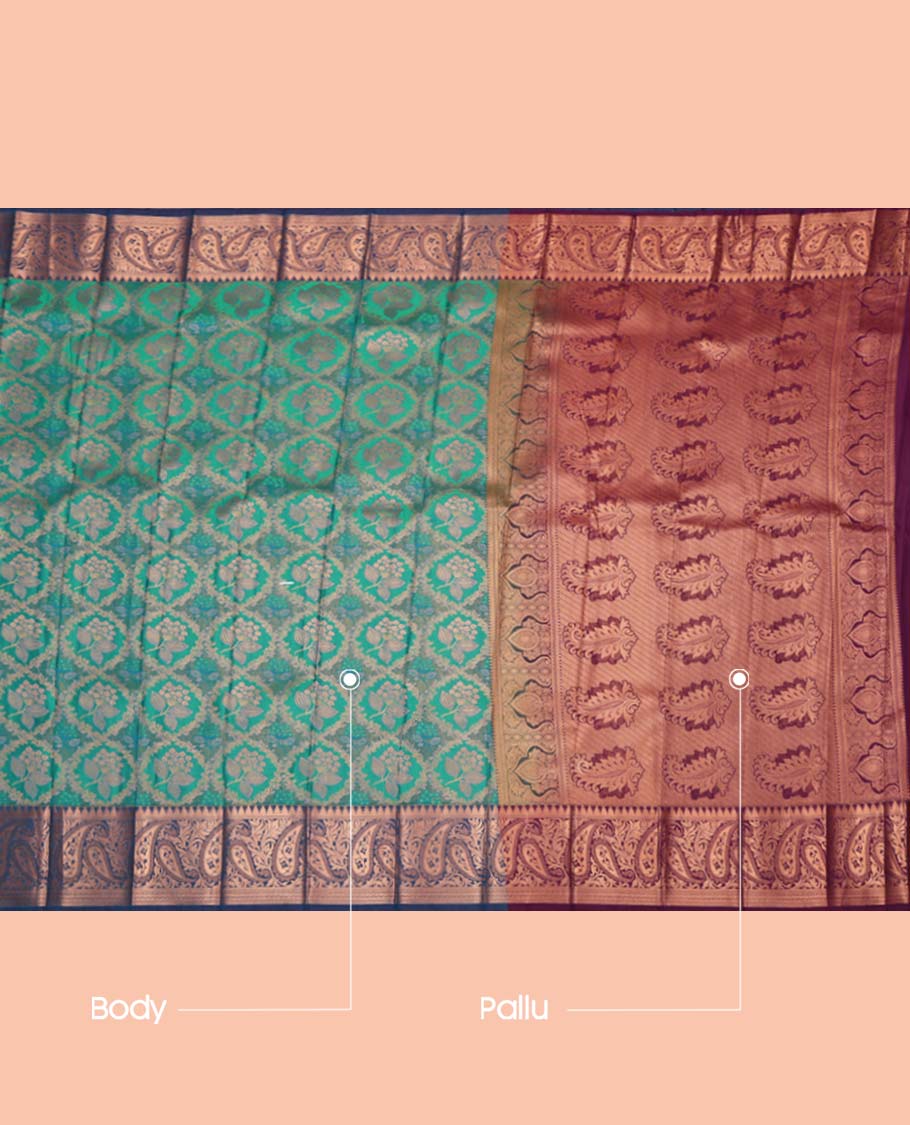 Blue Budget Silk Saree, Ornamented with Jacquard Design, Complemented by a Contrast Paisley Zari Border, Grand Pallu, and a Contrast Blouse