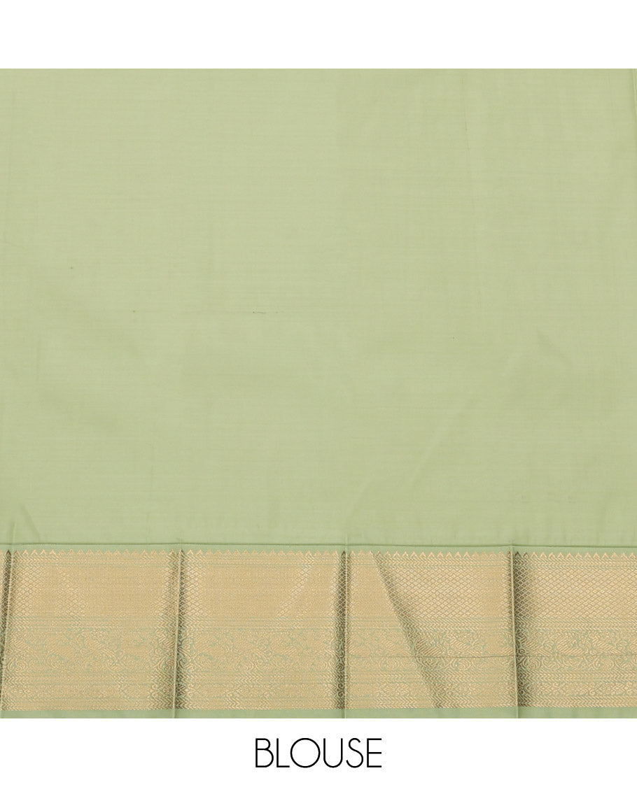 Blue Budget Silk Saree, Detailed with Peacock-Chakram Buttas and Stripes, Complemented by a Contrast Traditional Zari Border, Grand Pallu, and a Contrast Blouse