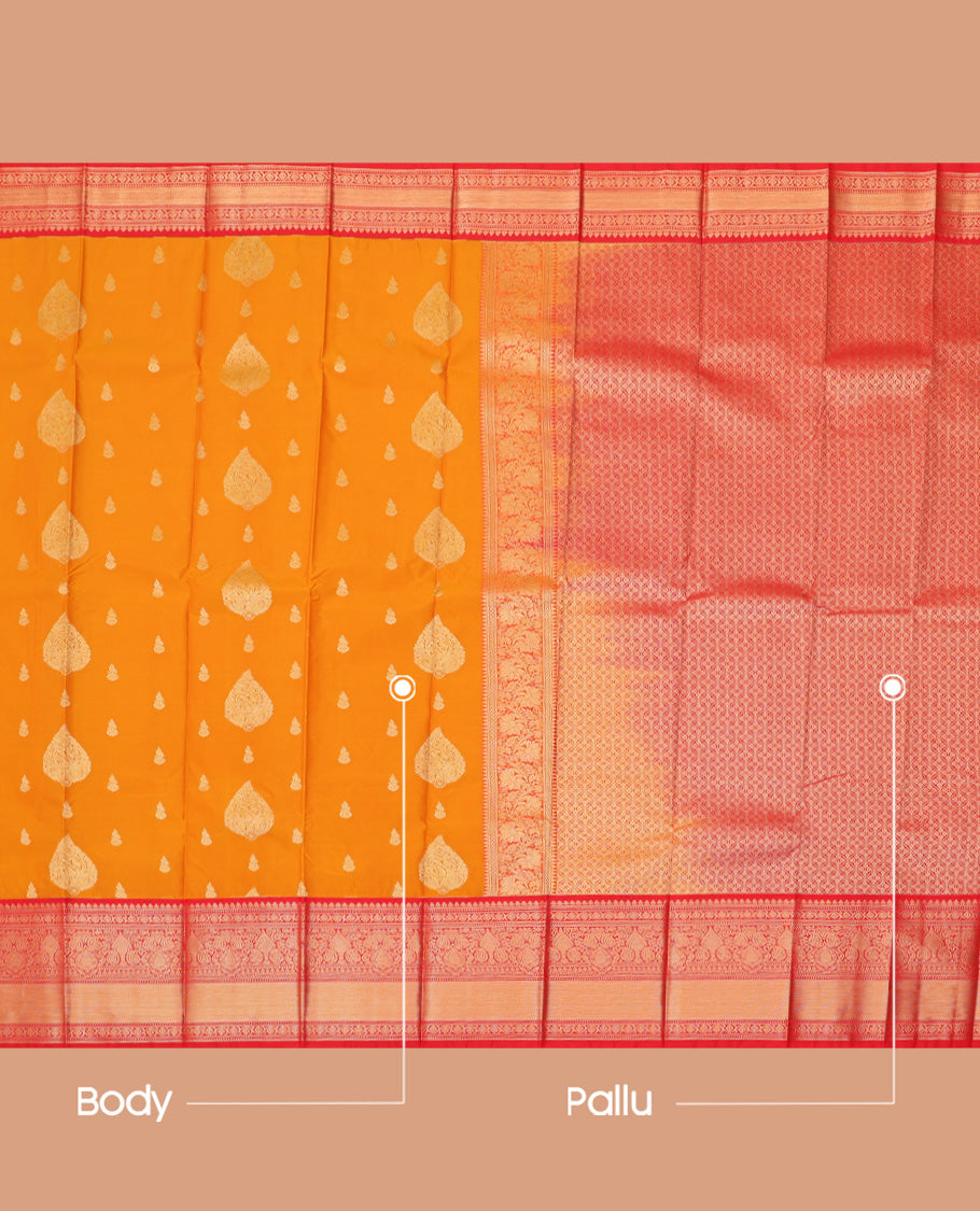 Orange Budget Silk Saree, Woven with Zari Buttas, a Contrast Traditional Zari Border, Grand Pallu, and a Contrast Blouse