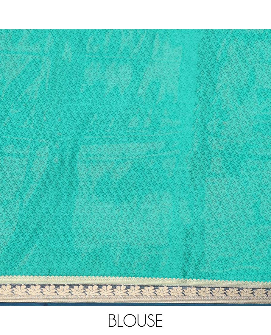 Blue intricately printed semi-banaras printed saree, contrast floral border & intricate pallu