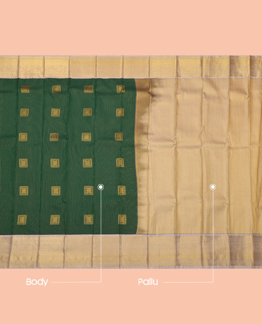 Green Budget Silk Saree, Embellished with Zari Buttas and Stripes, Complemented by Contrast Traditional Border, Grand Pallu and a Contrast Blouse