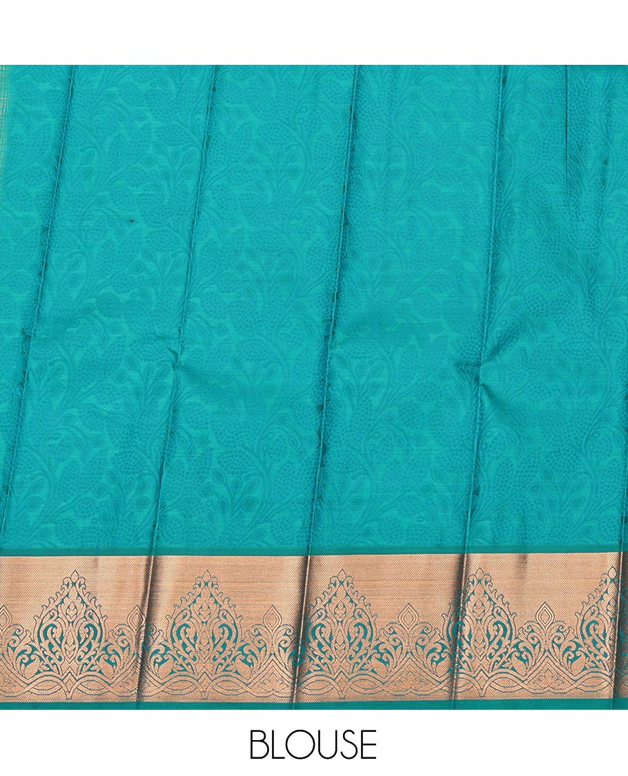 Light Peach Budget Silk Saree, Decked Up with Jacquard Design, Complemented by a Contrast Zari Border, Grand Pallu, and Contrast Blouse