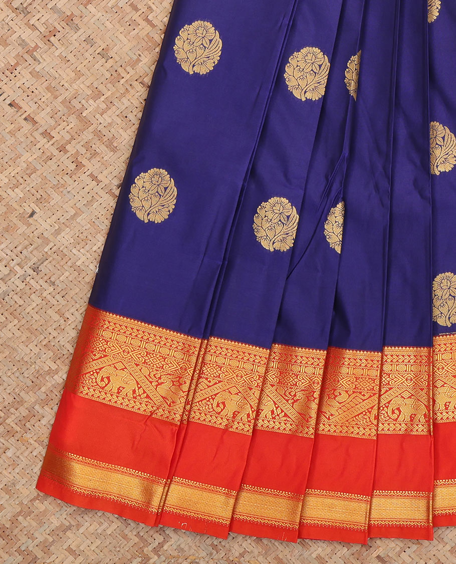 Navy Blue Budget Silk Saree, Highlighted by Zari Buttas, Complemented by Contrast Traditional Rettai Pettu Border, a Jaal Pallu and a Contrast Blouse