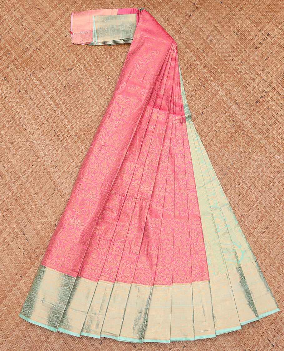 Pink Budget Silk Saree, Decorated with Jacquard Design, Complemented by a Contrast Traditional Zari Border, Grand Pallu, and Contrast Blouse