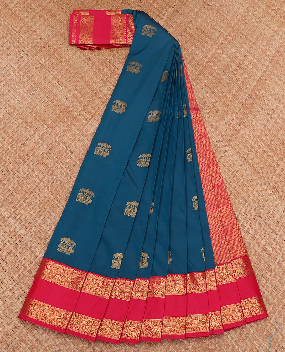 Blue Budget Silk Saree, Finely Crafted with Zari Buttas, Complemented by a Contrast Traditional Zari Rettai Pettu Border, Intricate Pallu, and Contrast Blouse