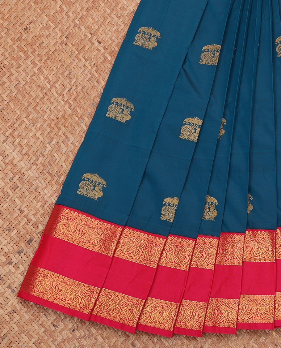 Blue Budget Silk Saree, Finely Crafted with Zari Buttas, Complemented by a Contrast Traditional Zari Rettai Pettu Border, Intricate Pallu, and Contrast Blouse