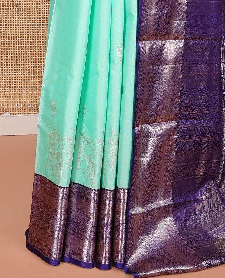 Turquoise Budget Silk Saree, Enthralled with Zari Buttas on Its Body, Complemented by a Contrast Traditional Zari Design Border, Chevron Striped Pallu, and Paired with a Contrast Blouse