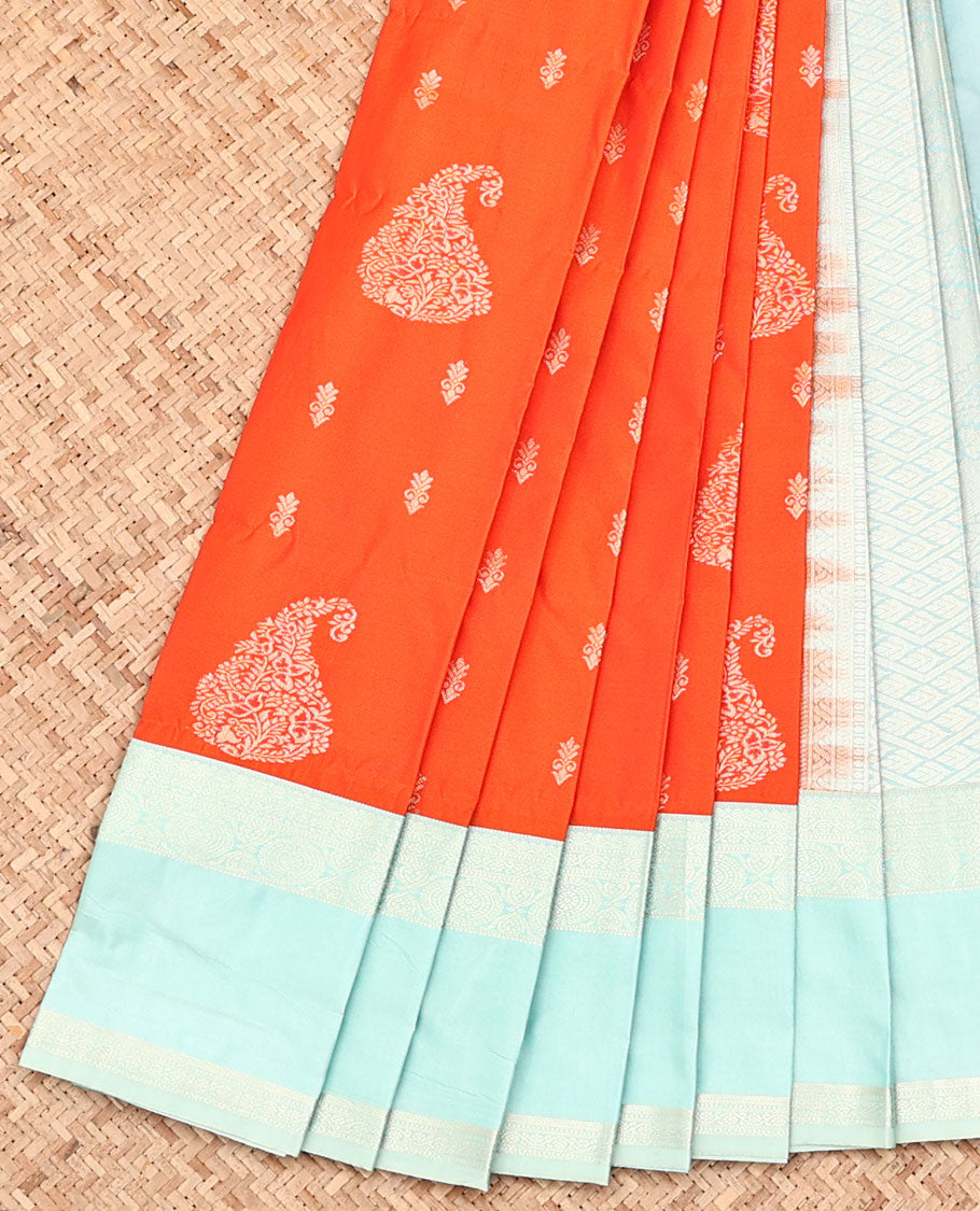Orange Budget Silk Saree, Mesmerized with Zari Buttas, Captivating Contrast Traditional Zari Design Rettai Pettu Border, Grand Pallu, and Has a Contrast Blouse