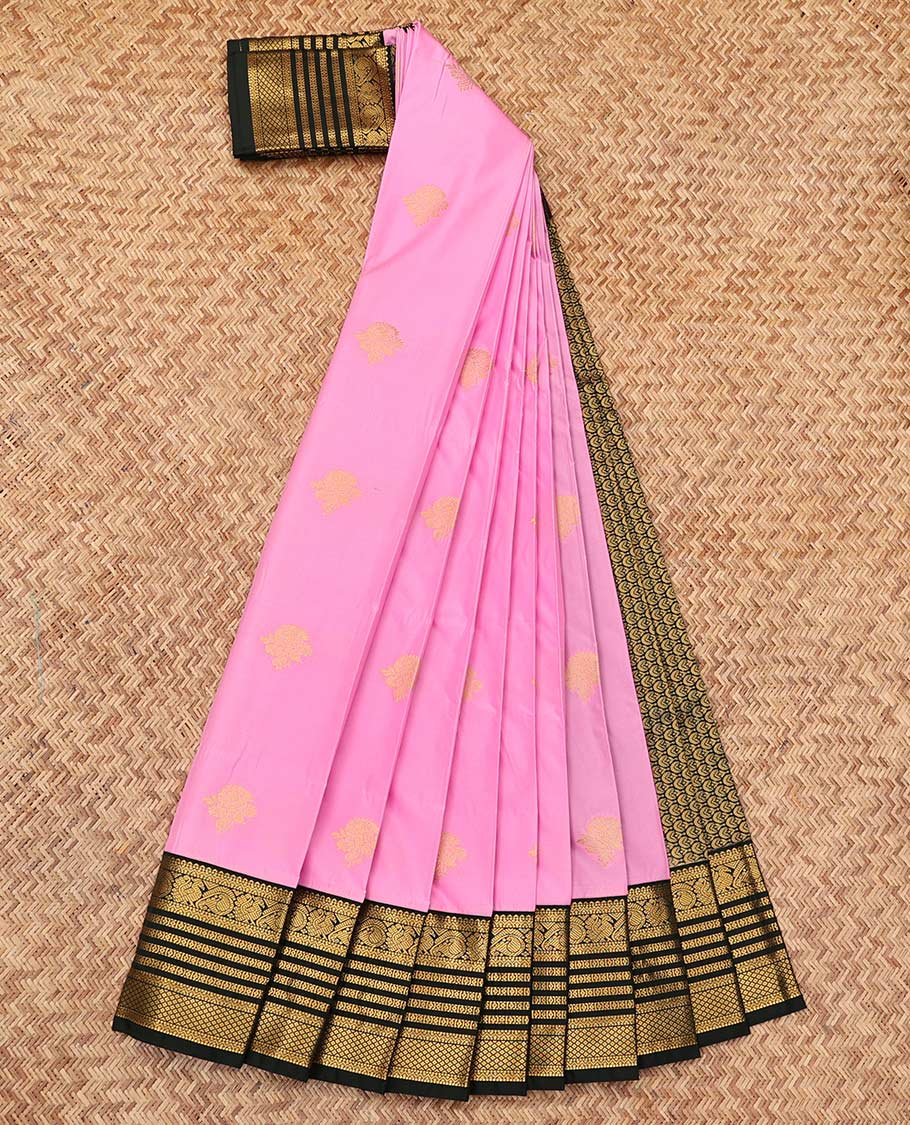 Pink Budget Silk Saree, Prettified with Zari Buttas, a Contrast Traditional Zari Design Border, Grand Pallu, and a Contrast Blouse