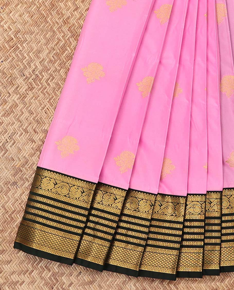 Pink Budget Silk Saree, Prettified with Zari Buttas, a Contrast Traditional Zari Design Border, Grand Pallu, and a Contrast Blouse