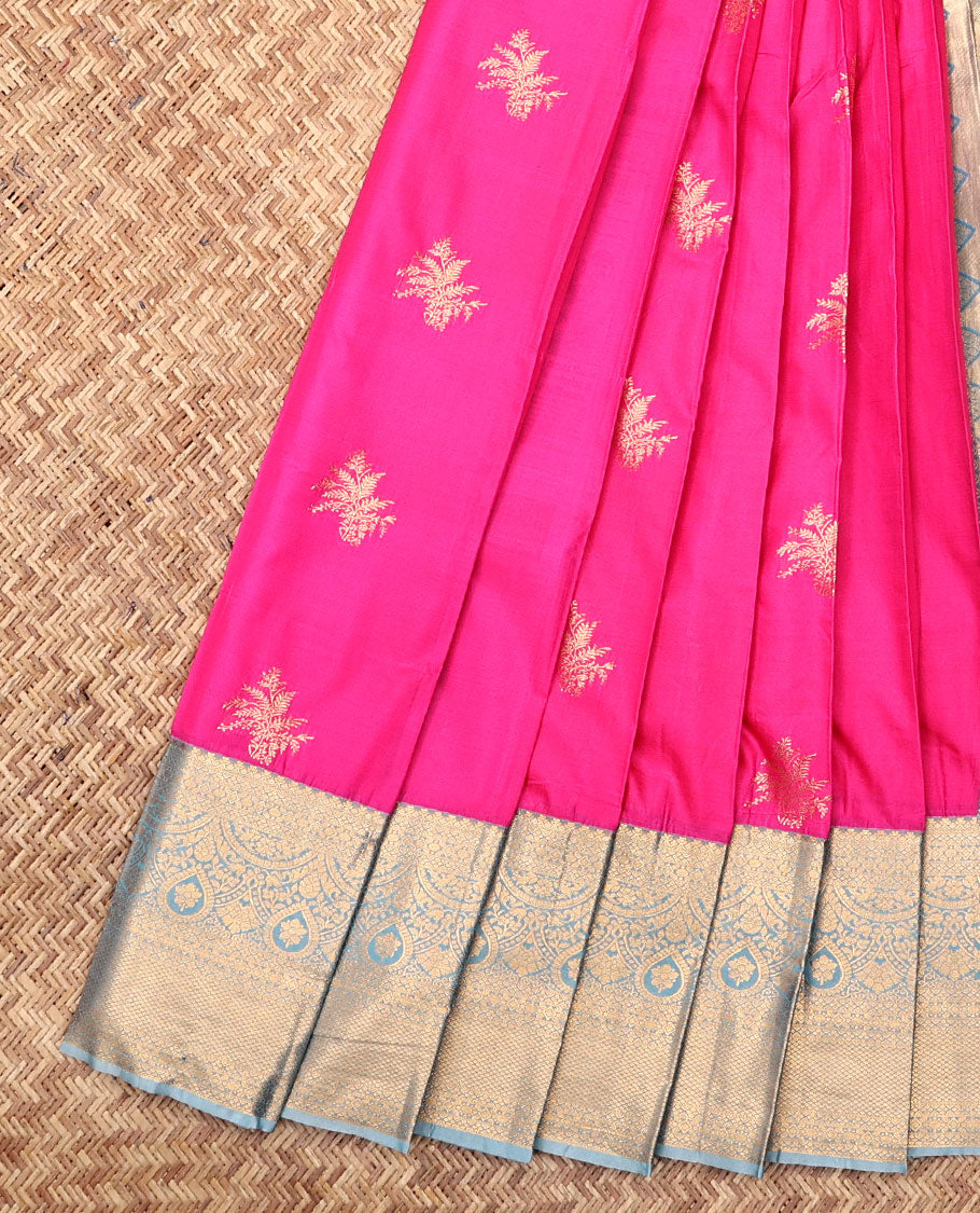 Pink Budget Silk Saree, Featuring Zari Buttas, Complemented by Contrast Traditional Zari Border, an Intricate Pallu and a Contrast Blouse