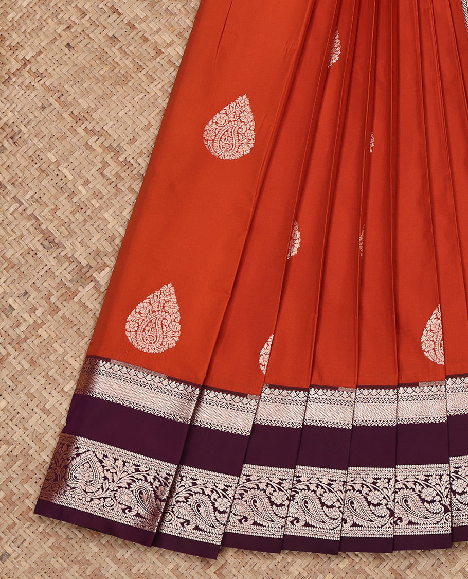 Orange Budget Silk Saree, Detailed with Zari Buttas All Over Its Body, Complemented by a Contrast Traditional Zari Design Rettai Pettu Border, Intricate Pallu, and Paired with a Contrast Blouse