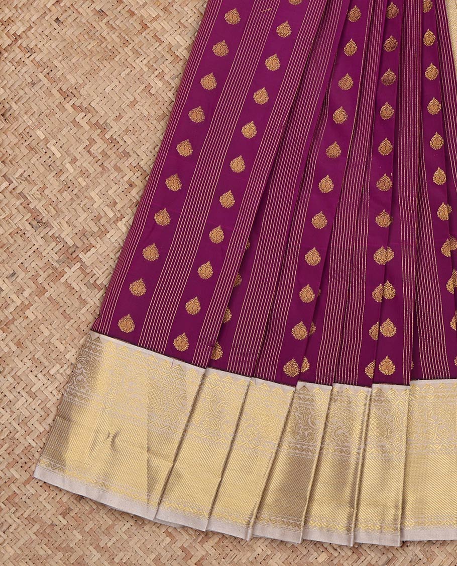 Light Purple Budget Silk Saree, Ornamented with Zari Buttas and Zari Stripes on Its Body, Complemented by a Contrast Traditional Zari Design Border, Gleaming Pallu, and Paired with a Contrast Blouse