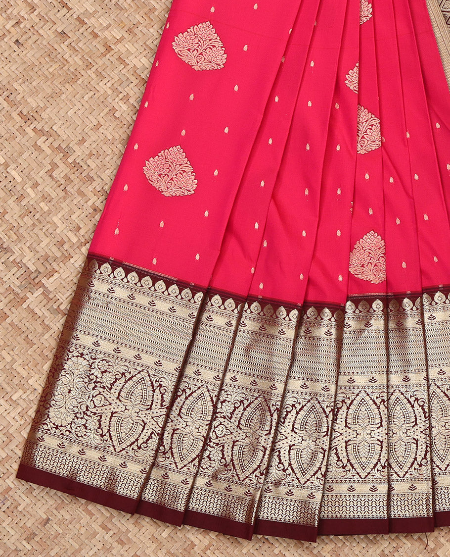 Pink Budget Silk Saree, Woven with Zari Buttas on Its Body, Complemented by a Contrast Traditional Zari Design Border, Grand Jaal Pallu, and Paired with a Contrast Blouse