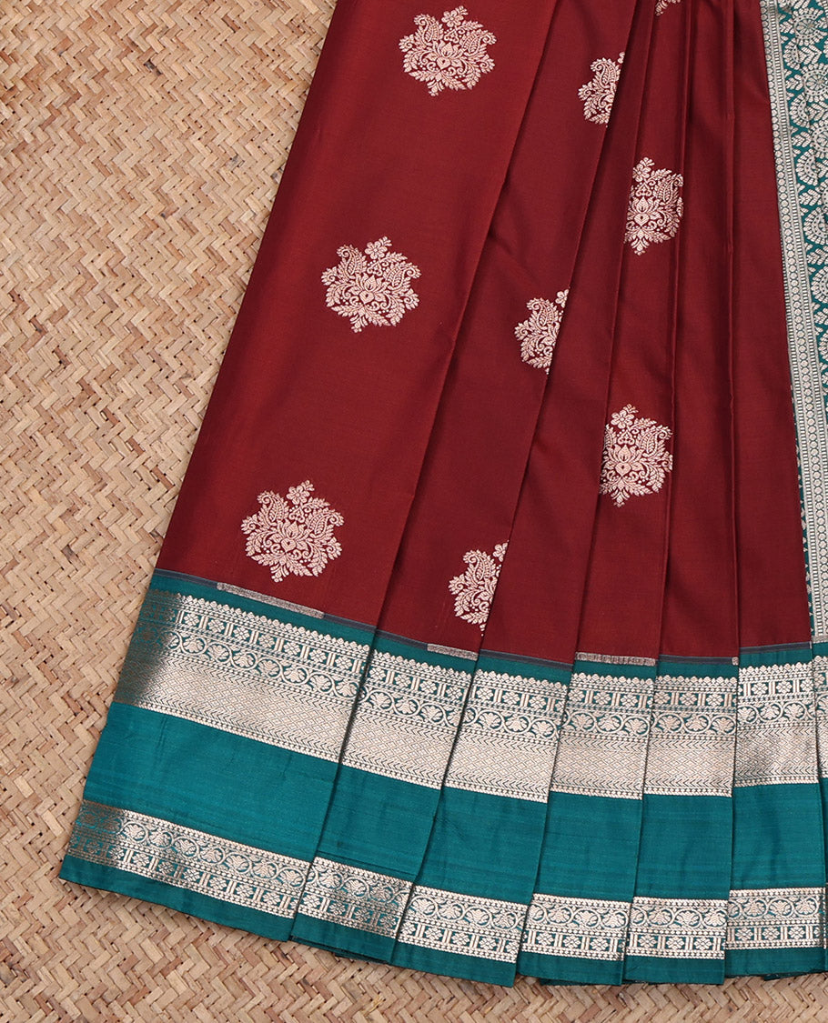 Maroon Budget Silk Saree, Decorated with Zari Buttas, Complemented by Contrast Traditional Rettai Pettu Border, Grand Pallu and a Contrast Blouse