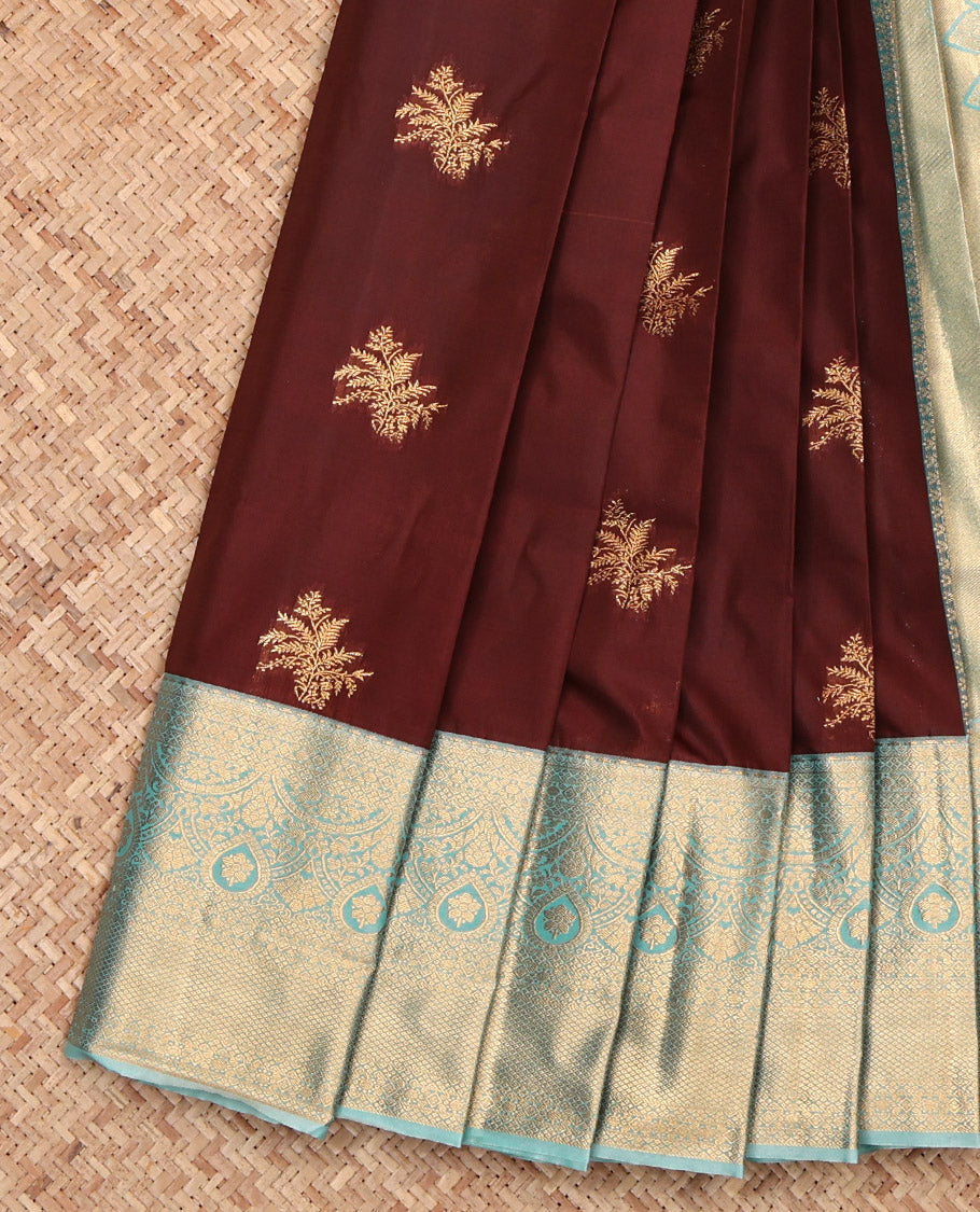 Brown Budget Silk Saree, Detailed with Zari Buttas, Complemented by a Contrast Traditional Border, Grand Pallu, and a Contrast Blouse