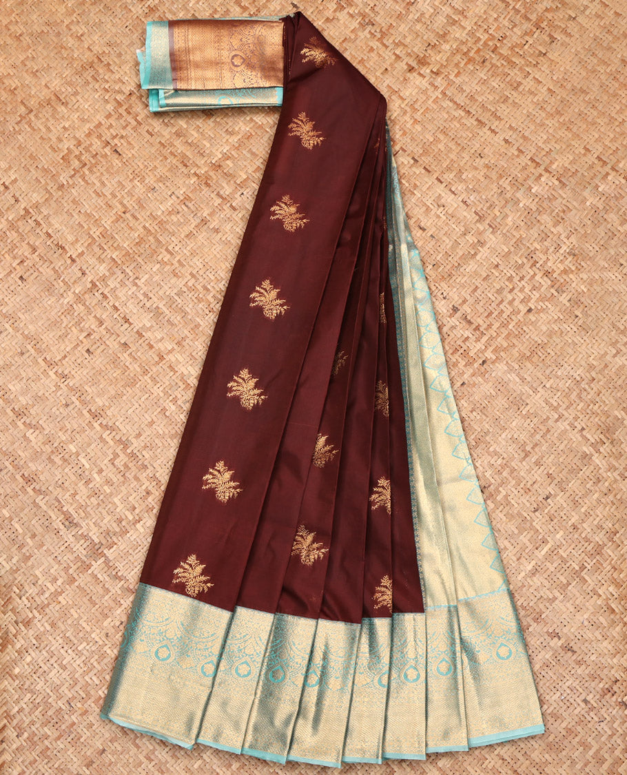 Brown Budget Silk Saree, Detailed with Zari Buttas, Complemented by a Contrast Traditional Border, Grand Pallu, and a Contrast Blouse