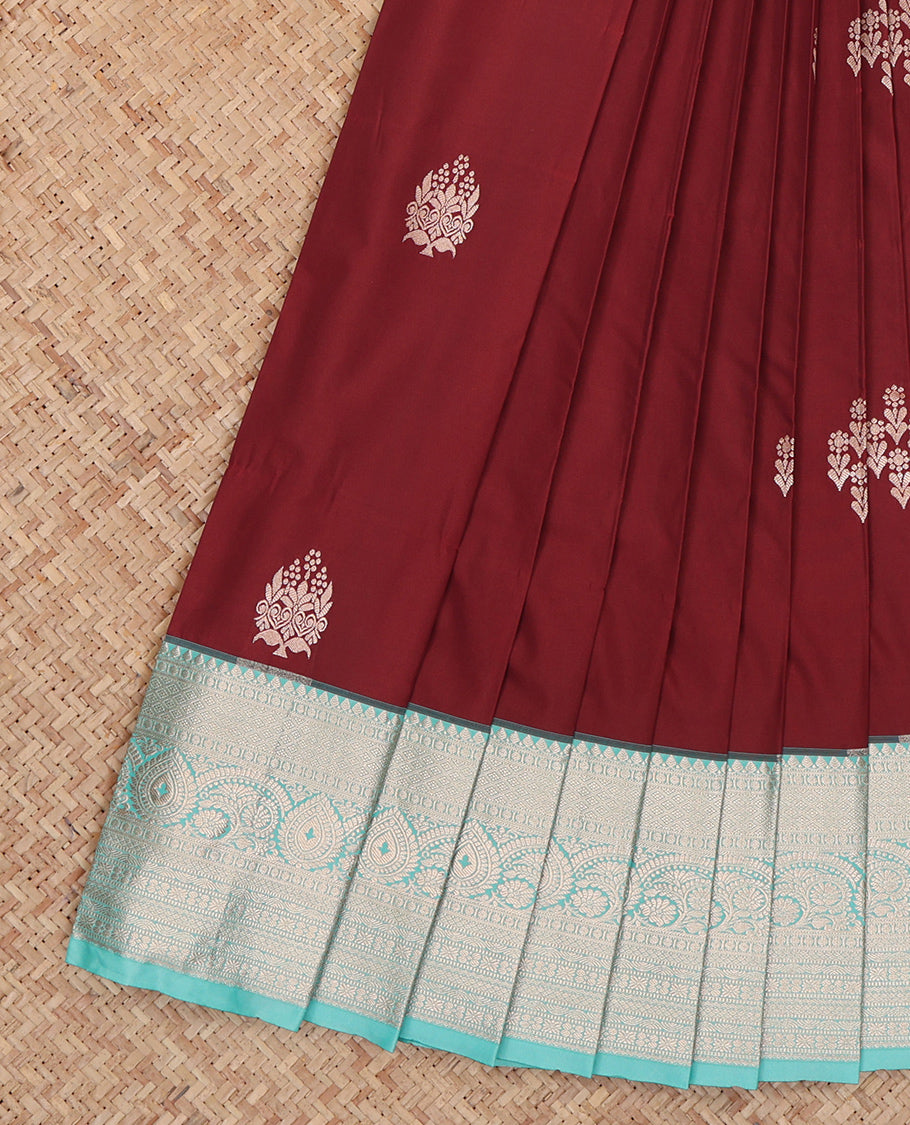 Maroon Budget Silk Saree, Masterfully Woven with Zari Buttas, Complemented by a Contrast Traditional Zari Border, Grand Pallu, and a Contrast Blouse
