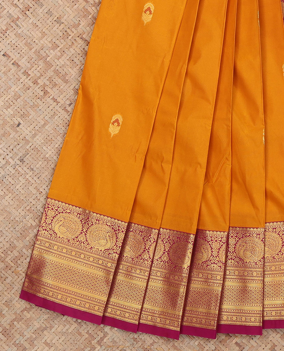 Yellow Budget Silk Saree, Enriched with Floral Buttas, a Contrast Traditional Zari Border, a Grand Pallu and a Contrast Blouse