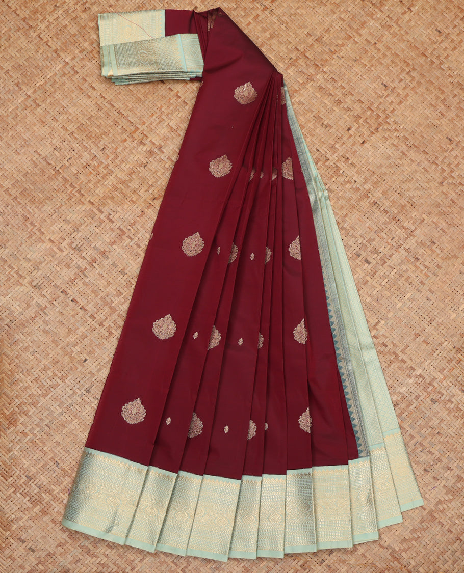 Maroon Budget Silk Saree, Ornamented with Zari Buttas, Complemented by a Contrast Traditional Zari Border, Grand Pallu, and Contrast Blouse