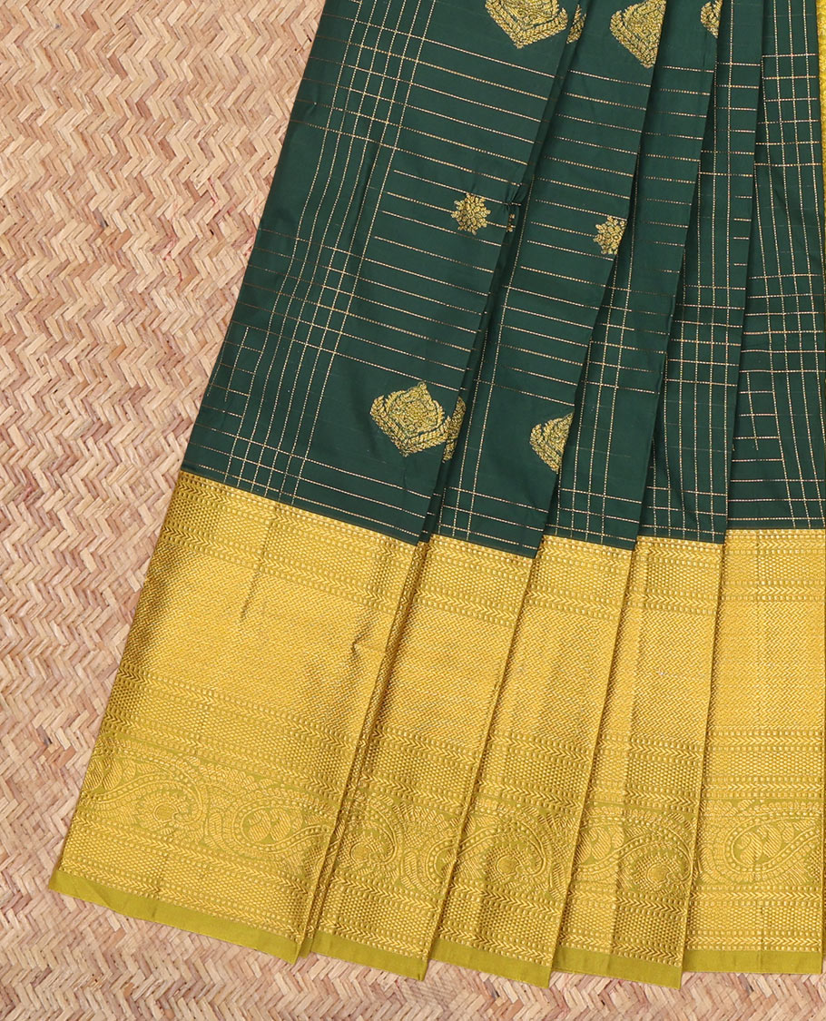 Green Budget Silk Saree, Accentuated with Zari Buttas Enclosed Checks, a Contrast Traditional Zari Border, Grand Pallu, and a Contrast Blouse