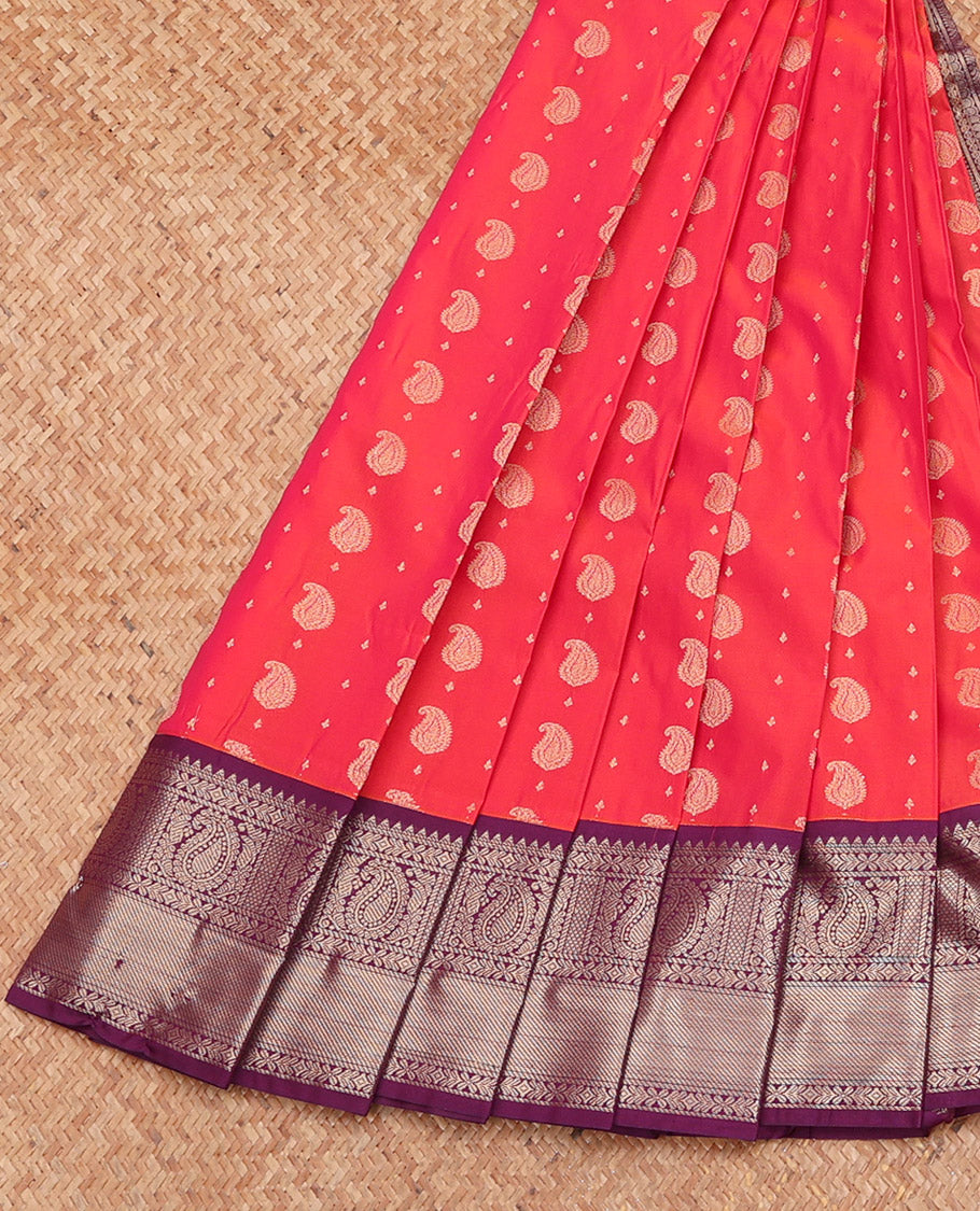 Orange Budget Silk Saree, Gleamed Up with Paisley Buttas, Complemented by a Contrast Traditional Zari Border, Grand Pallu, and a Contrast Blouse