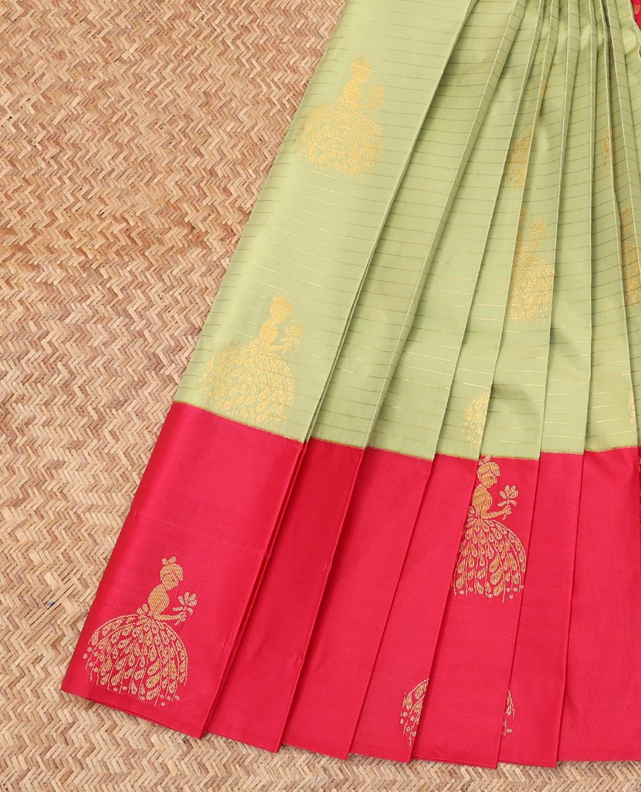 Pista Green Budget Silk Saree, Delicately Woven with Zari Buttas and Stripes, Complemented by Contrast Girl Zari Motif Border, a Grand Pallu and a Contrast Blouse