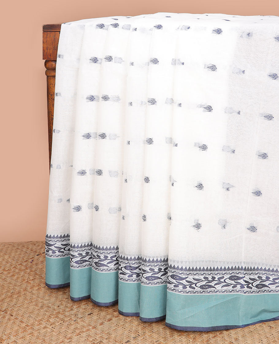 White floral motifs bengal cotton saree with contrast floral design border & striped, motifs pallu