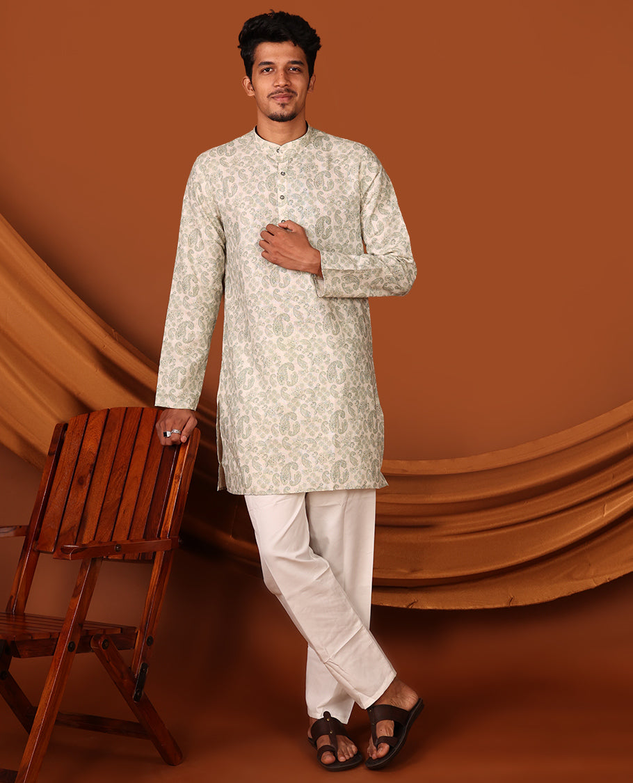 Cream-Green Men's Kurta