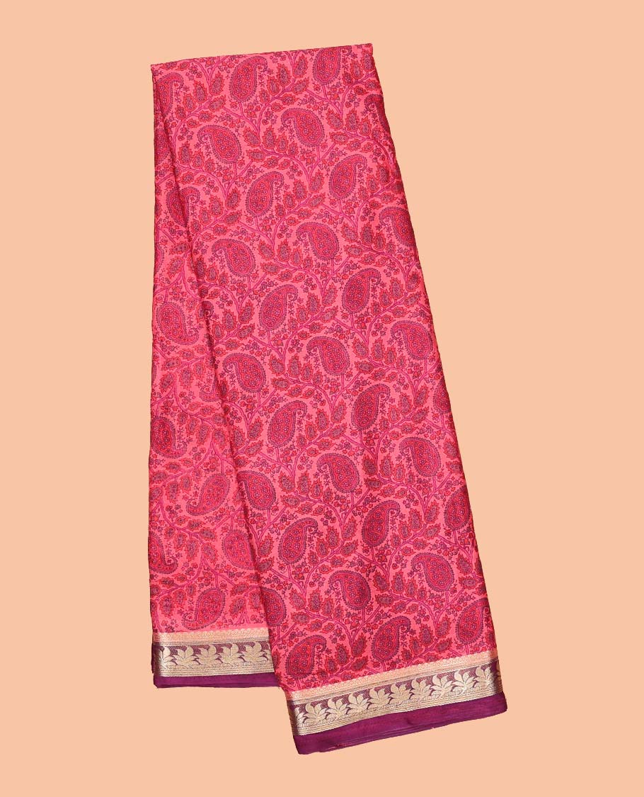 Pink paisley printed semi-banaras printed saree, contrast floral border & intricate pallu